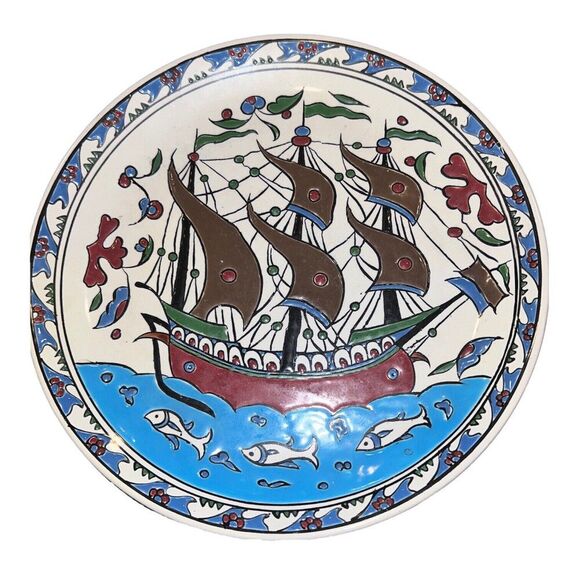 ikaros rhodes pottery ship plate 10.5” Handmade Greece handmade Vintage - Picture 1 of 6
